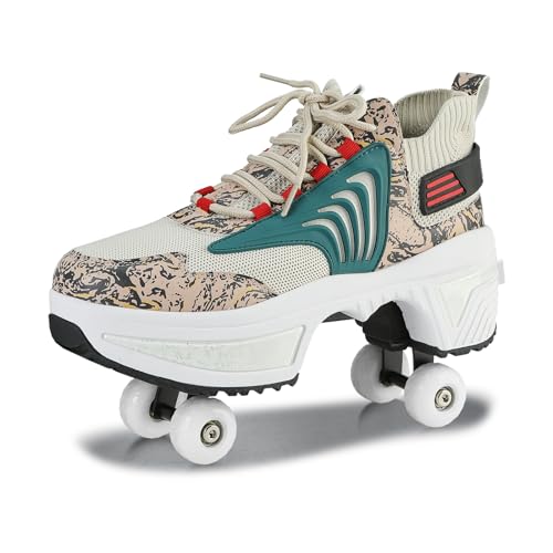 Schuhe mit Rollen für Jungen Mädchen, Rollschuhe mit 4 Einziehbaren Rädern, 2-in-1 Rollschuhen und Sneakers, Roller Skate Shoes für Kinder Teenager (Braun, 38)