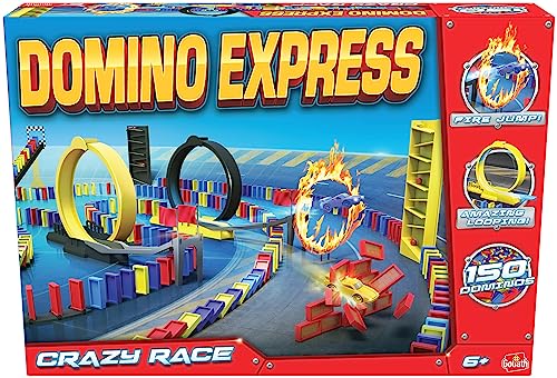 Domino Express Crazy Race, Dominospiel ab 6 Jahren, Kinderspiel mit Dominosteine und Autos